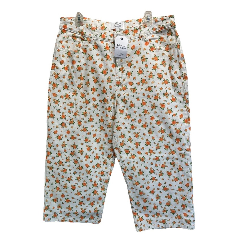 Denim‎ Floral Wide Leg Crop Jeans White/Orange Size 18 High Rise NWT
